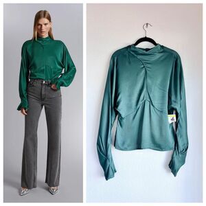 NWT & Other Stories Satin Blouse with Tie Back Neck & Fluted Sleeves in Green 2